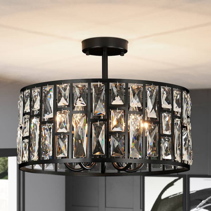 3/5-Light Industrial Vintage Black Drum Semi-Flush Mount Ceiling Light with Crystal Accents - 16.93 in. W x 13.39 in. H