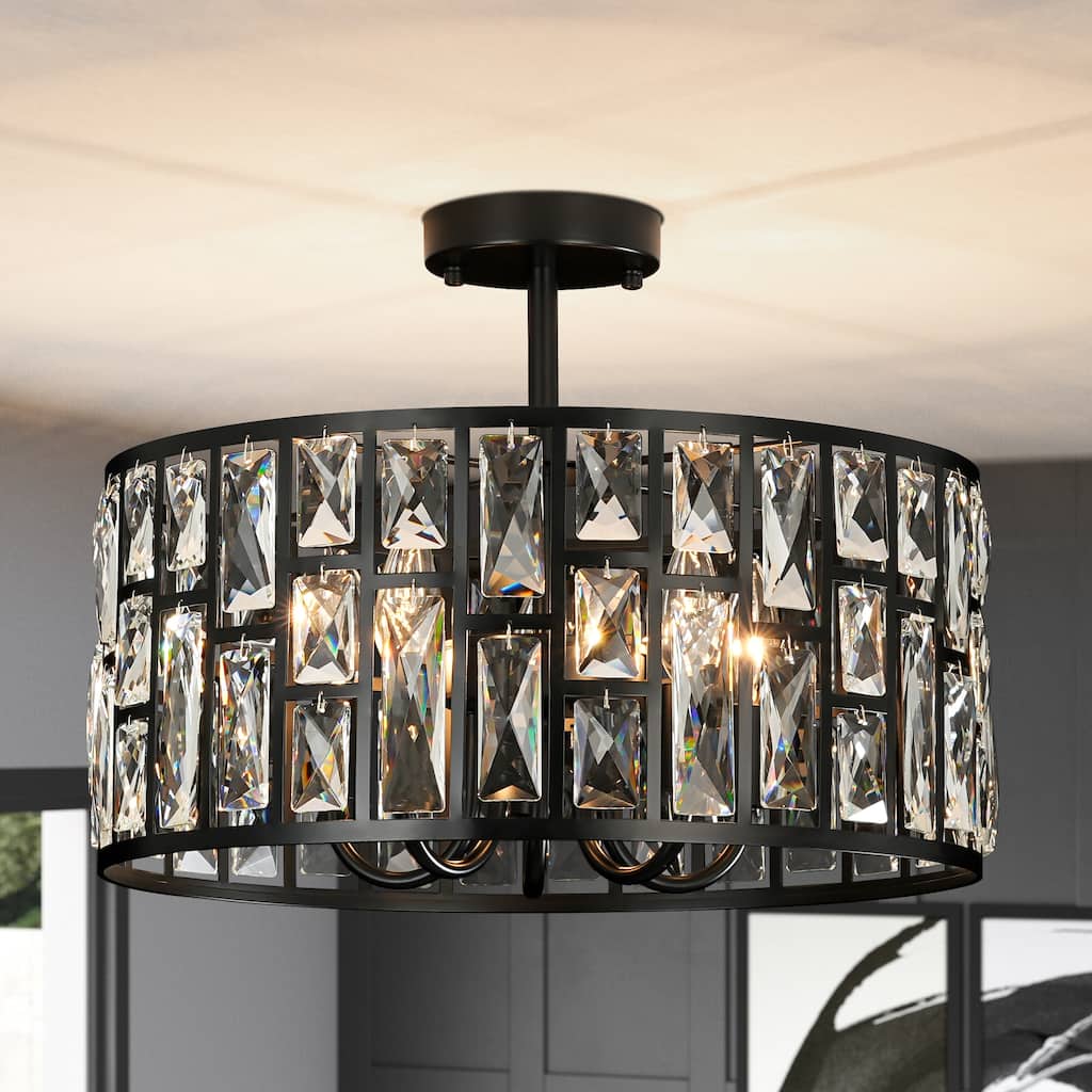 3/5-Light Industrial Vintage Black Drum Semi-Flush Mount Ceiling Light with Crystal Accents