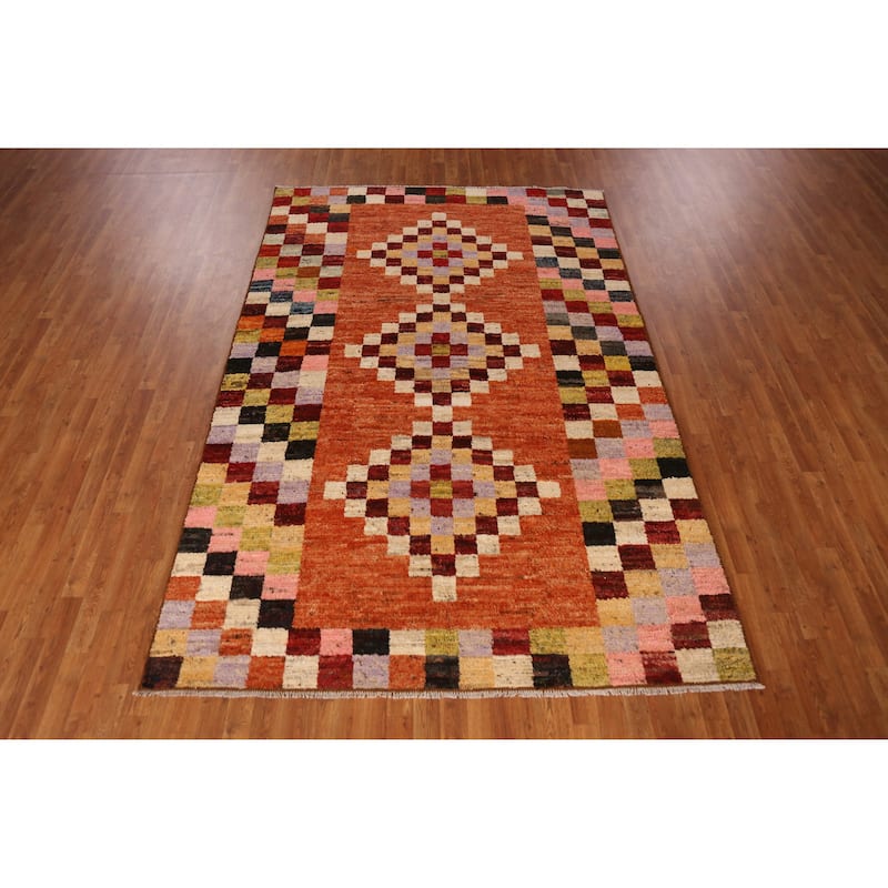 Checkered Orange Moroccan Oriental Area Rug Handmade Wool Carpet - 6'7" x 9'10"