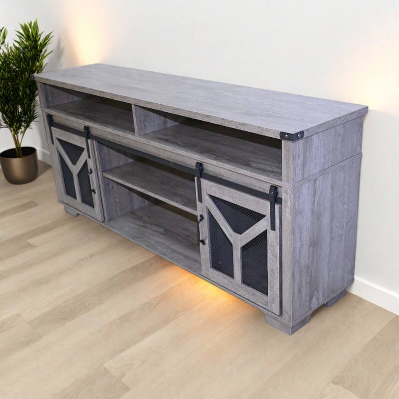65.35" LED TV Stand with Sliding Barn Doors and Y-Shaped Accents - 300lb Capacity + Built-in Ambient Lighting - Antique Gray