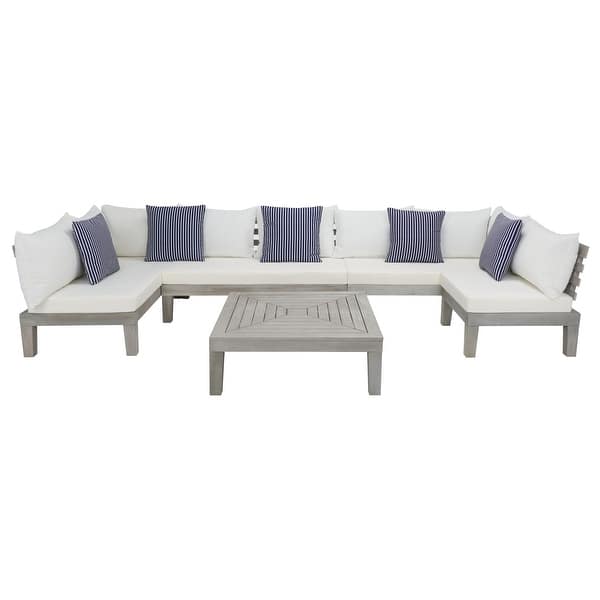 slide 2 of 11, SAFAVIEH Outdoor Granton 5-piece Solid Wood Sectional Conversation Set Grey/White/Navy