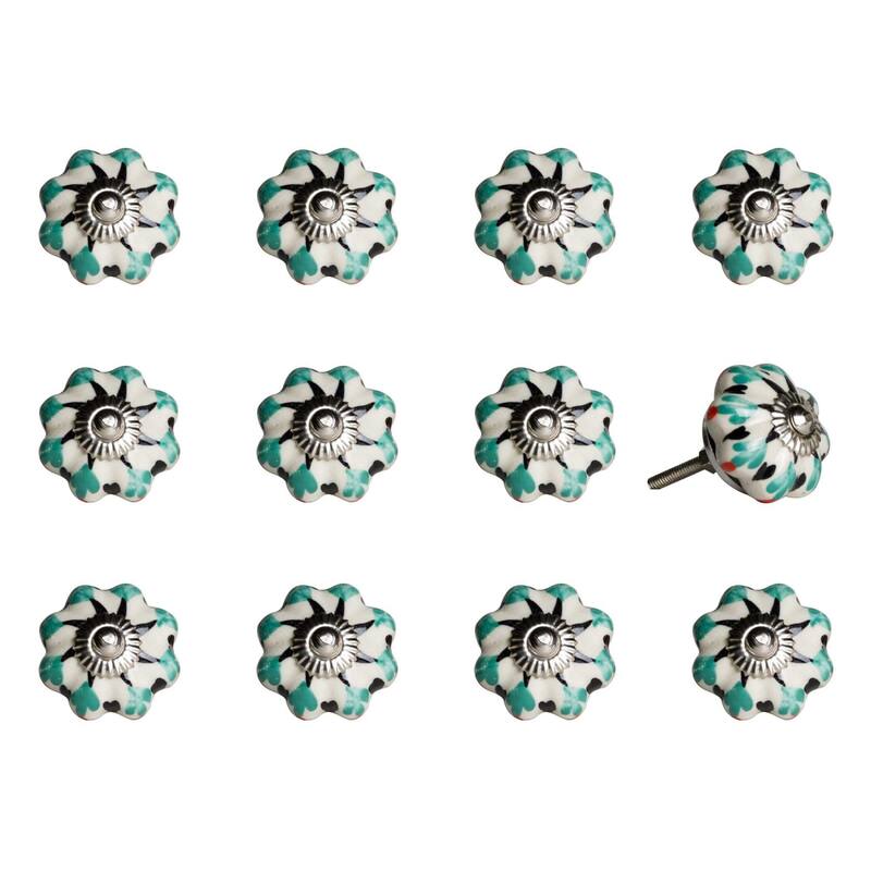 Set of 12 Hand-Painted Scalloped Ceramic Drawer Knobs - 1.5" x 1.5" x 1.5"