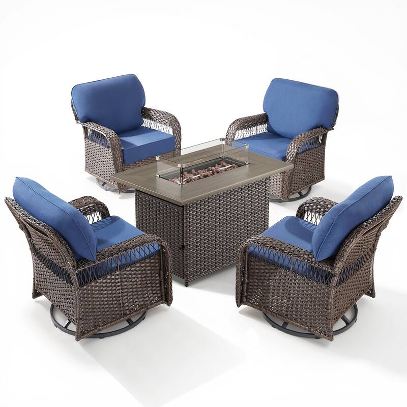 Pocassy Patio Sofa Ottoman Swivel Chair Table with Fire Table Funiture Set.