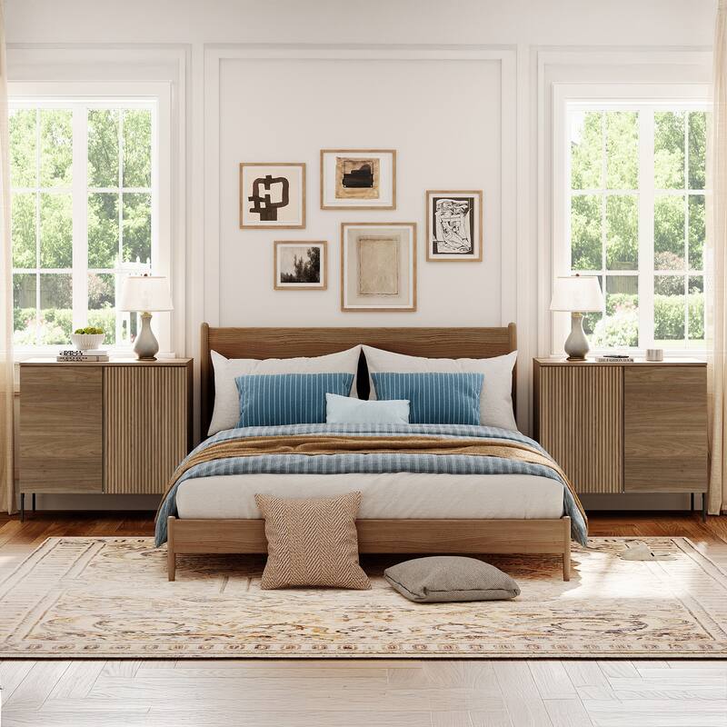 Modern Minimalist Wood Nightstand With Doors ,31.5" End Table,Reeded Design Bedside Table