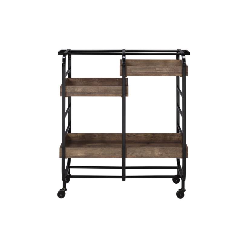 "Modern Serving Cart with 3 Adjustable Wooden Trays, Black & Walnut Finish, Metal Open Frame, Rolling Casters"