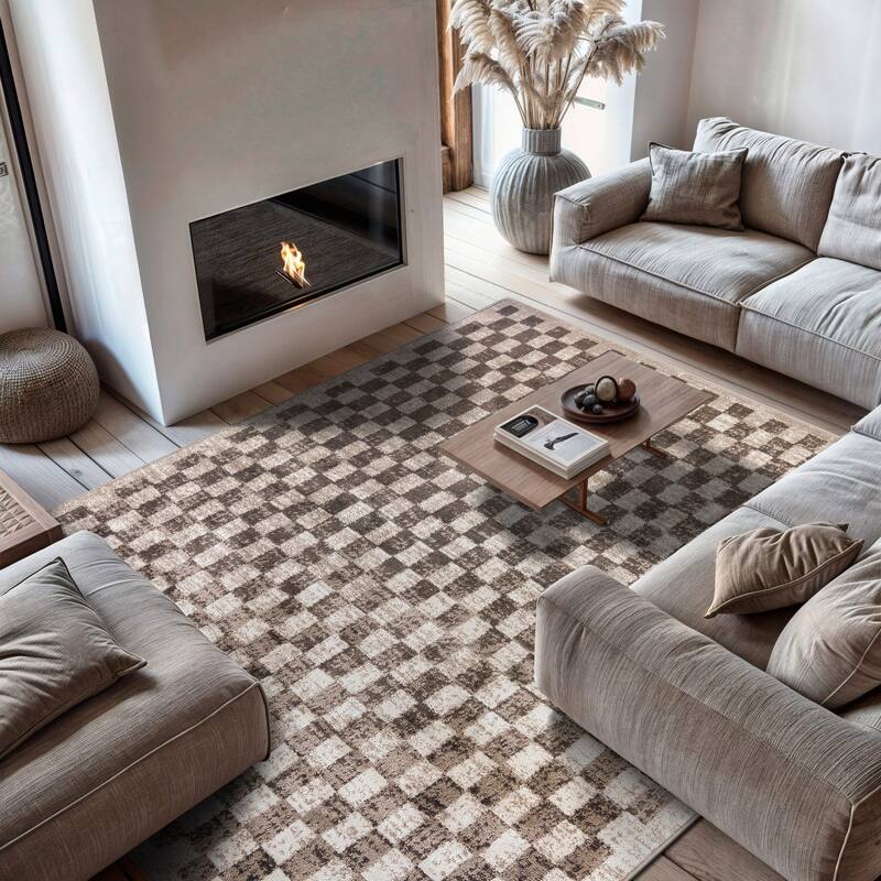 Contemporary Checkered Stylish Area Rug, Pet Friendly for Any Room - 7' 10" x 10' - Beige