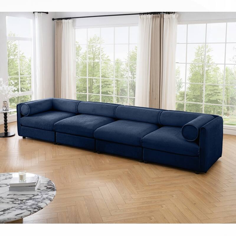 Cylindrical Backrest and Armrests Chenille Sofa with Storage Seat - Blue - 4 Seat