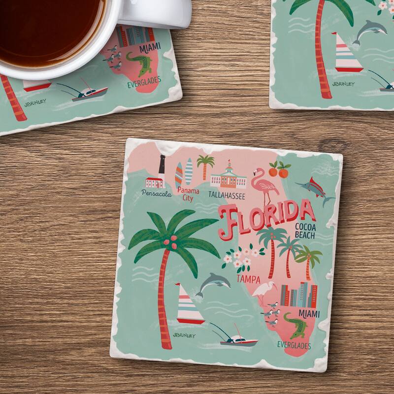 Absorbent Stone Beverage Coasters - Set of 4 - - State Attractions - FL - Multi-49