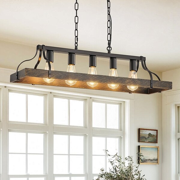 33.7 Inch Modern Farmhouse Pendant Light Black Wood Grain 5 E26 Sockets Adjustable Chain Bulbs Not Included ZZHY