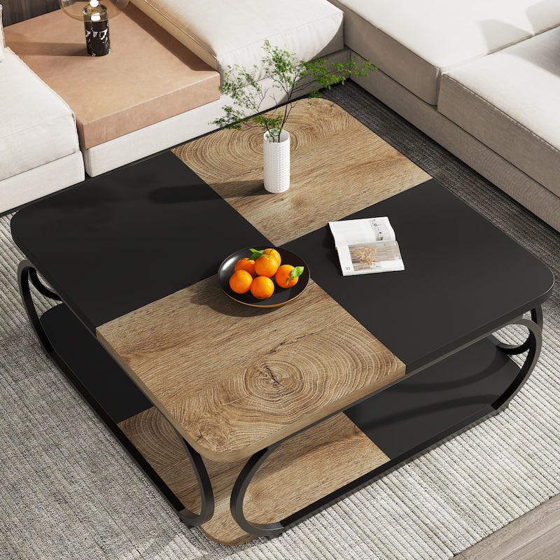 2-tier Square Coffee Table with Curved Metal Frame for Living Room