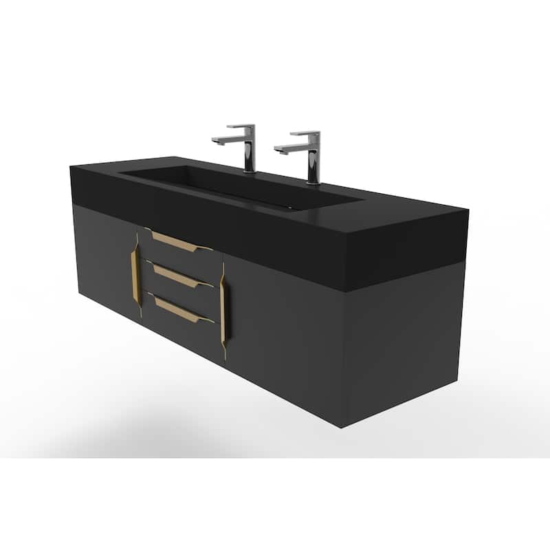 Nile 60" Wall Mounted Bathroom Vanity Set w/ Black Top