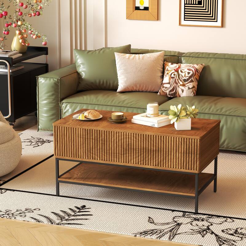 Lift Top Coffee Table 39.4 Inch Rectangle, Farmhouse Style with Hidden Storage & Lower Shelf, Sturdy Steel Legs