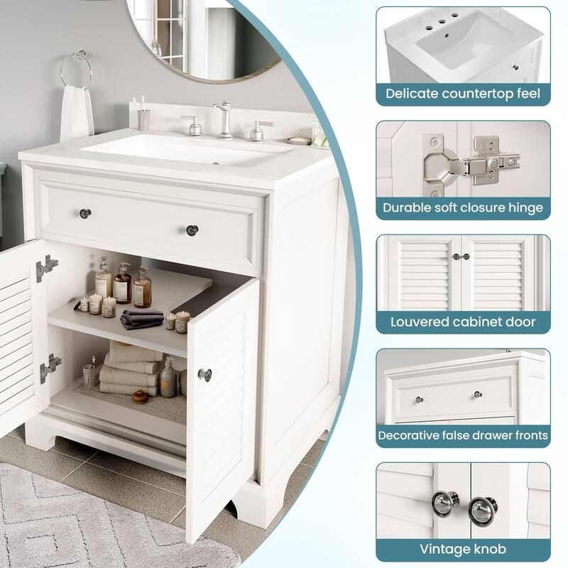 Elegant 24-Inch European Bathroom Vanity with Gold Accents and Marble-Style Sink