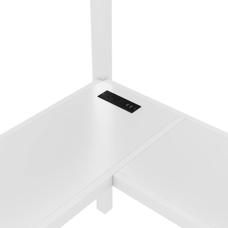 Roomfitters Full/Twin Size Metal Loft Bed with L-Shaped Desk, USB Ports, LED Lighting & Adjustable Shelves, White