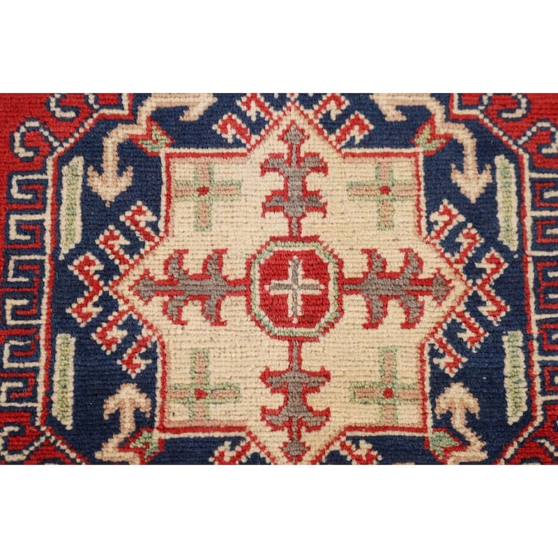 Geometric Red Kazak Oriental Rug Hand-Knotted Living Room Wool Carpet - 5'0" x 6'8"