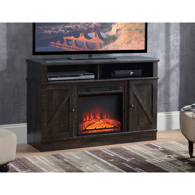 Rustic Dark Wood TV Stand With Fireplace - Brown
