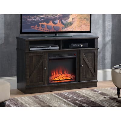 Rustic Dark Wood TV Stand With Fireplace