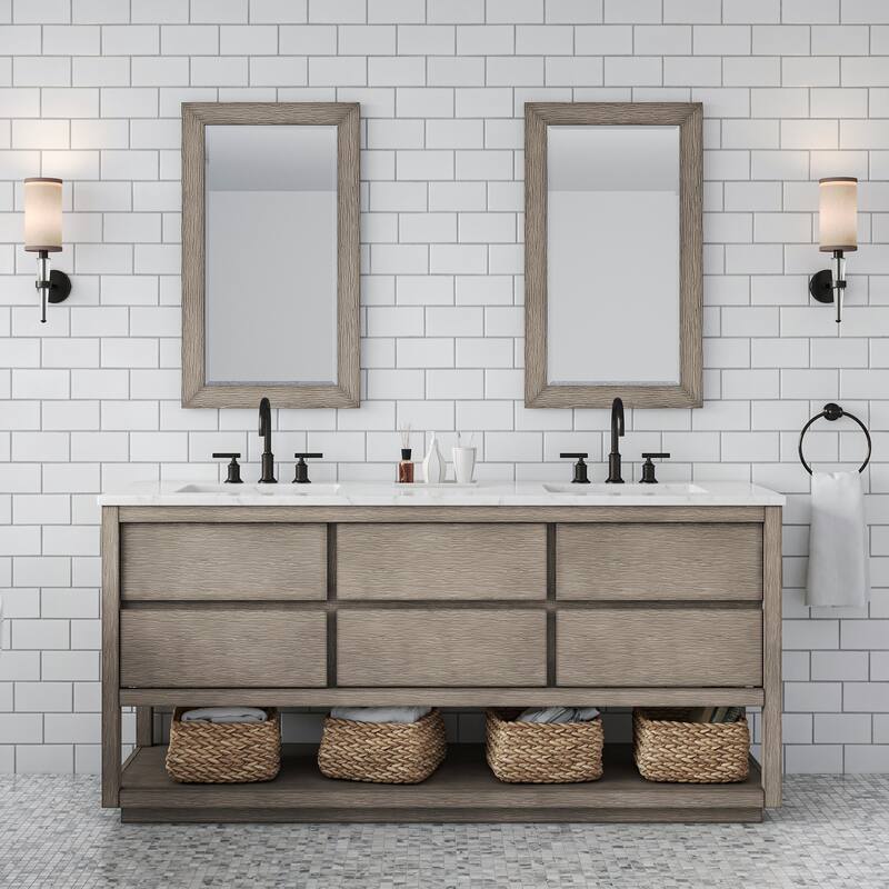 Oakman Carrara White Marble Countertop Bath Vanity in Grey Oak with Mirror