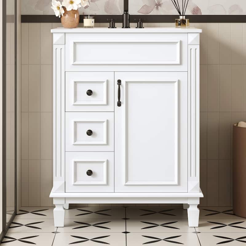 Bathroom Vanity with Ceramic Sink, Small Bathroom Storage Cabinet, Bathroom Cabinet with 2 Drawers & Adjustable Shelf