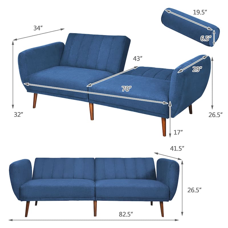 Costway Convertible Futon Sofa Bed Adjustable Couch Sleeper w/ Wood - 82.5'' x 34'' x 32'' (L x W x H)