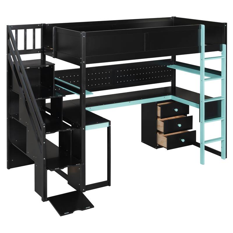 Gaming Loft Bed with Recessed Table Cabinet Pegboard Storage Stairs