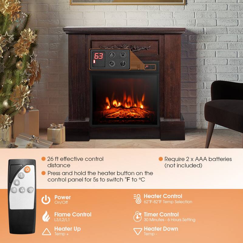 32" Brown Electric Fireplace with Mantel Shelf and 1400W Heating Overheat Protection - 32" x 9" x 30"