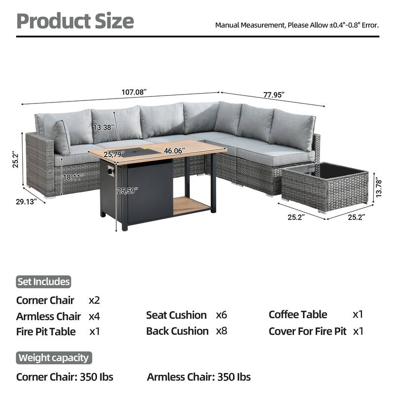 HOOOWOOO 8-piece Wicker Outdoor Patio Furniture Sofa Set Fire Pit Set