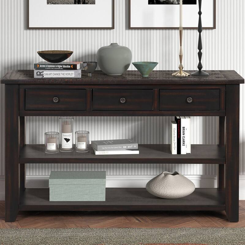 Wood Console Table with 3 Storage Drawers and 2 Shelves - Black