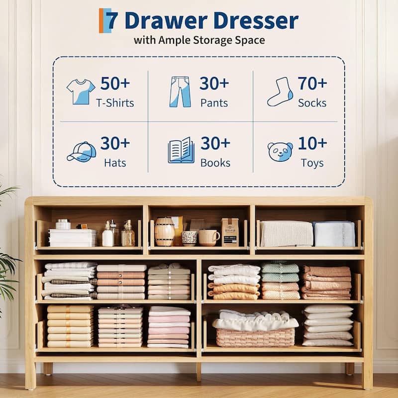 Modern 7 Drawer Dresser with Large Drawers for Bedroom, Living Room