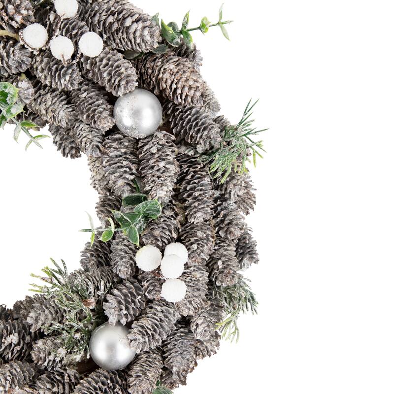 White Berry Pinecone Foliage Christmas Ornament Wreath, 12.5", Unlit