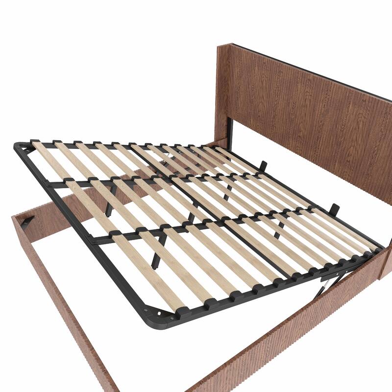 Large Grooved Undulating Lift Storage Bed Frame - Wooden Platform Bed with Lift-Top Storage