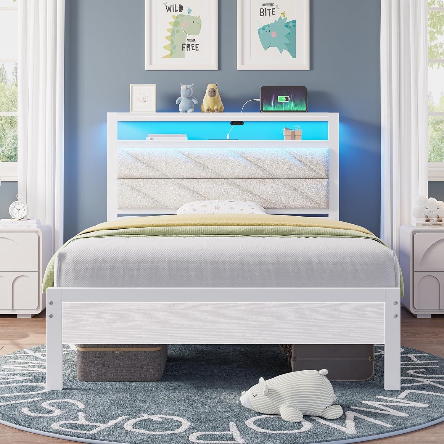 Twin Size Bed Frame with Charging Station, LED Lights, Upholstered Headboard, Under Bed Storage, Easy Assembly, White