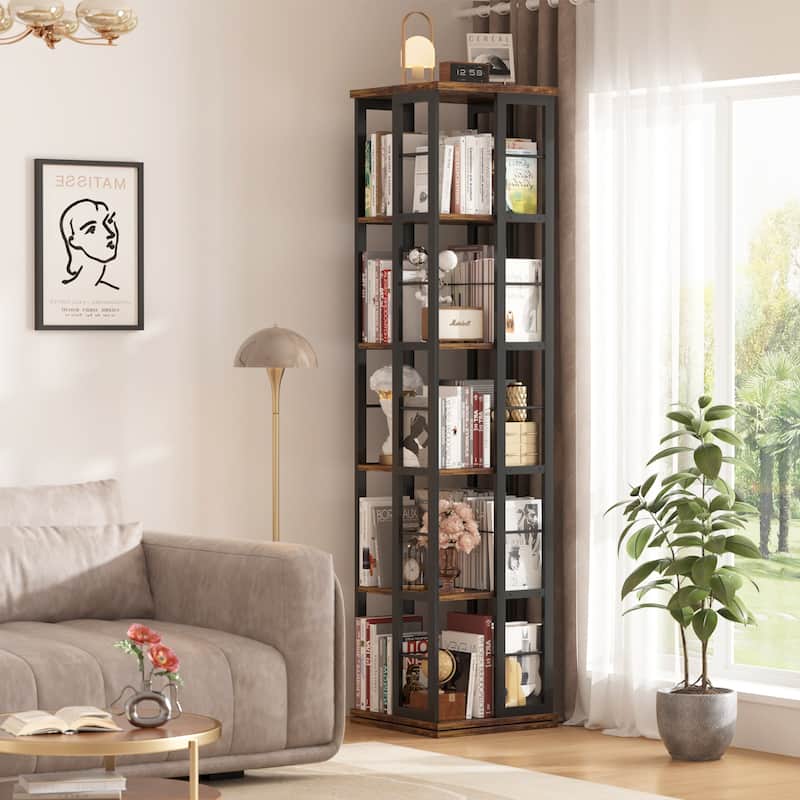 5-Tier Corner Rotating Bookshelf, 360 Display Wood Spinning Bookshelf, Floor Standing Bookcase Organizer Storage Rack - Rustic Brown