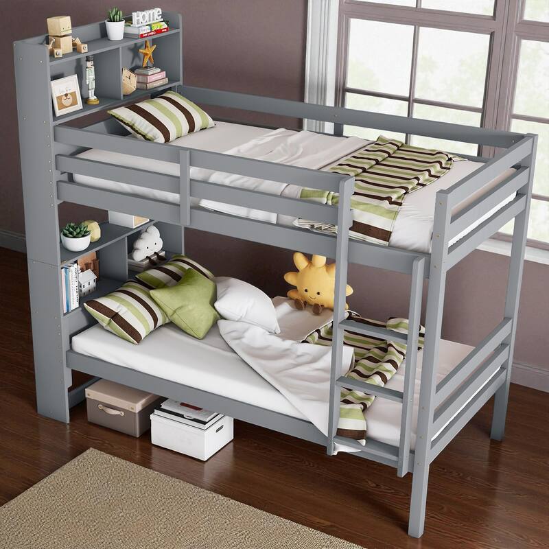 Twin Over Twin Bunk Bed with Shelves Headboard, Solid Rubber Wood Frame with Guardrails, Ladder, and Convertible Design
