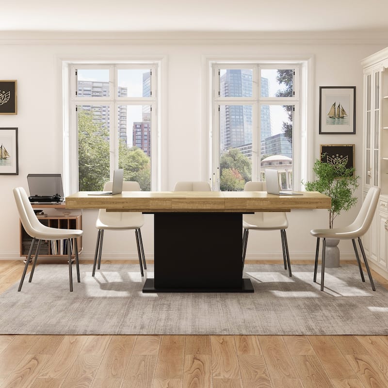 Extendable Dining Room Table Wood Finish Top Computer(Black/White) - Black