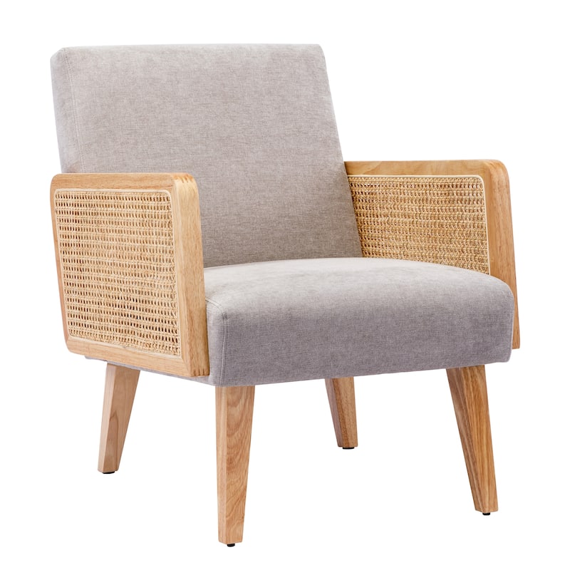 Rattan Armrest Fabric Upholstered Accent Chair