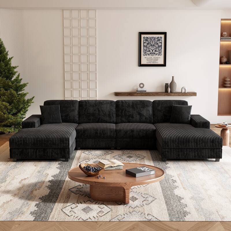 Modular Sectional Sofa with Dual Chaise Lounges, Corduroy Cloud Sofa with Armrest Storage Rack, Convertible 4-Seat Sleeper Sofa