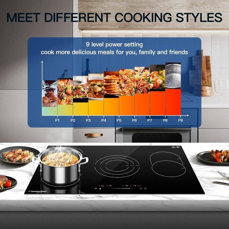 AMZCHEF 30inch induction cooktop with 4 burners,9 levels of heat,timer