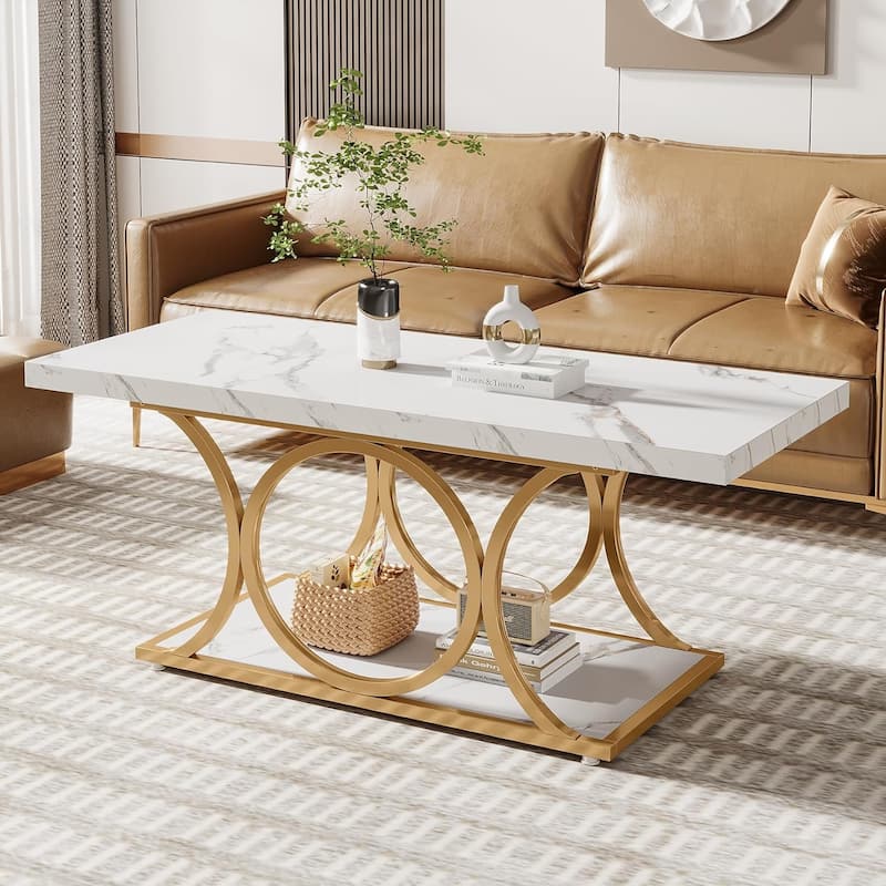 2-Tier Faux Marble Gold Coffee Table, Modern Rectangular Wood Coffee Table