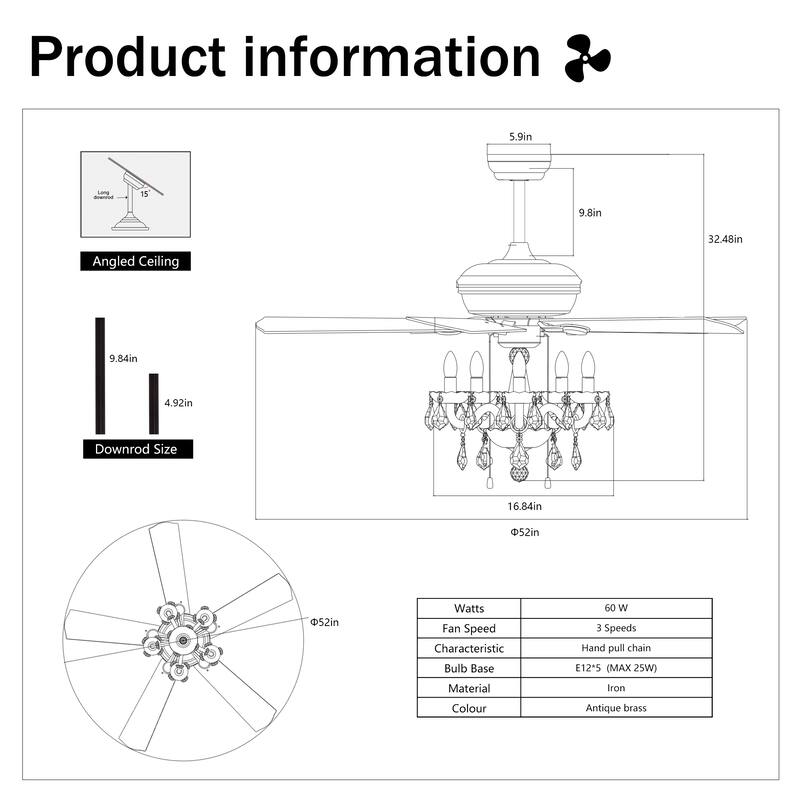 Sofucor 52" Ceiling Fan with Light Remote, Classical Crystal Chandelier fan, 5 Reversible Blades & Reverse Airflow - 52 Inches