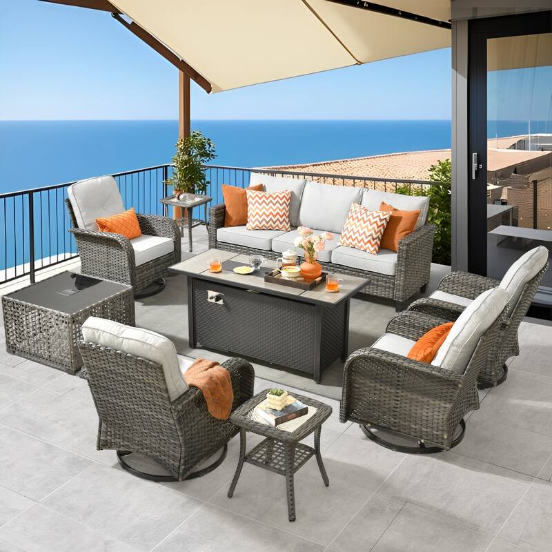 HOOOWOOO 9-piece Grey Wicker Outdoor Fire pit Set with Swivel Chairs - Grey