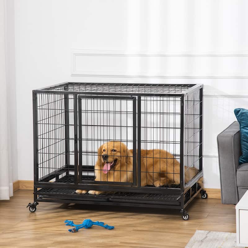 PawHut 43" Heavy Duty Dog Crate, Indestructible Dog Cage Kennel with Removable Tray, Lockable Wheels and Double Door, Black