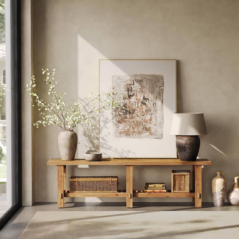 2-Tier Solid Wood Entryway Shoe Bench, 63" End of Bed Bench Shelf