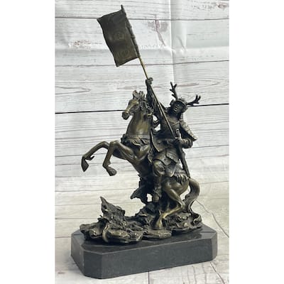 Japanese Samurai Warrior On Horseback W/ Battle Flag Bronze Sculpture Statue By Kamiko