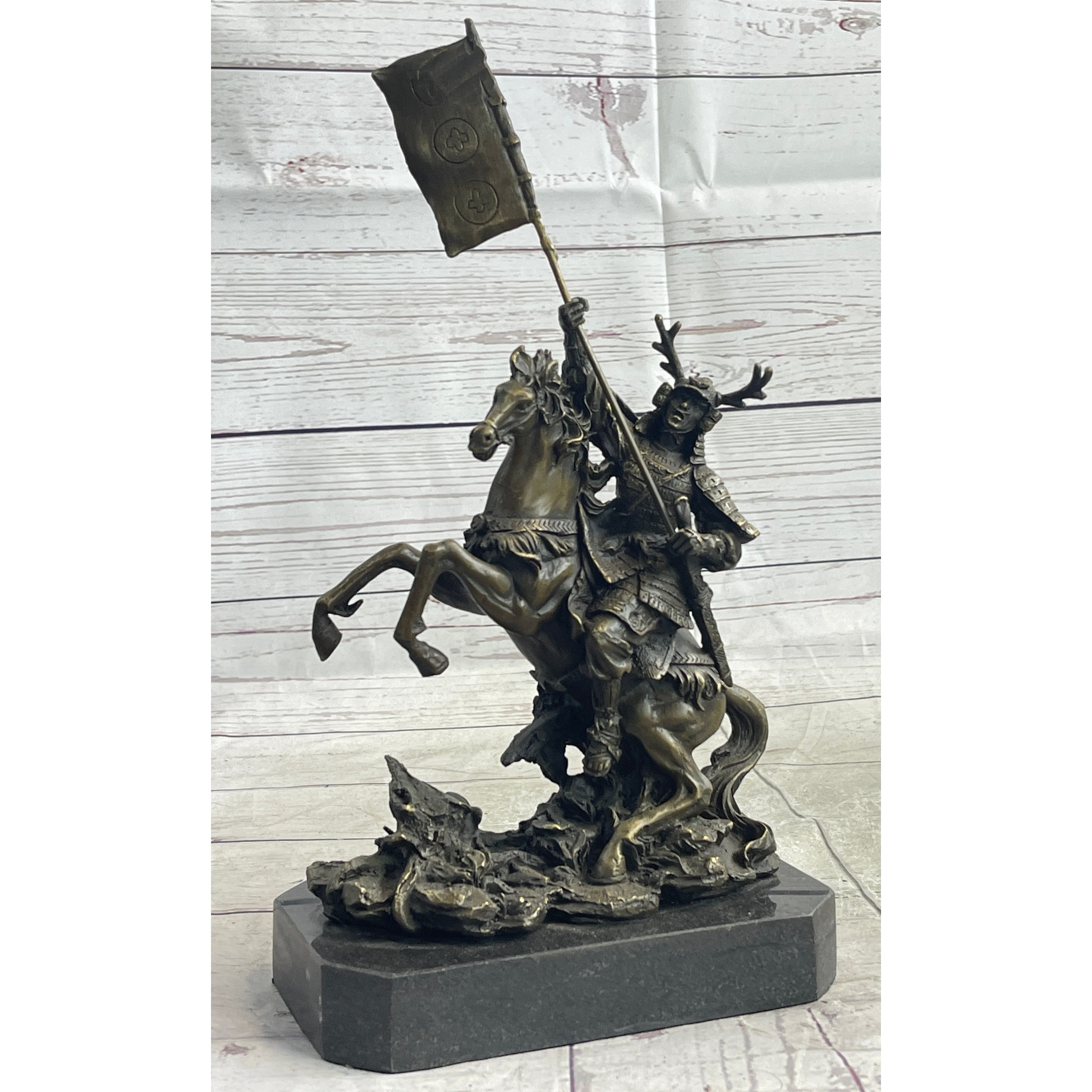 Japanese Samurai Warrior On Horseback W/ Battle Flag Bronze Sculpture Statue By Kamiko