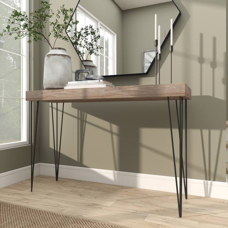 Brown Wood Console Table with Black Metal Hairpin Legs