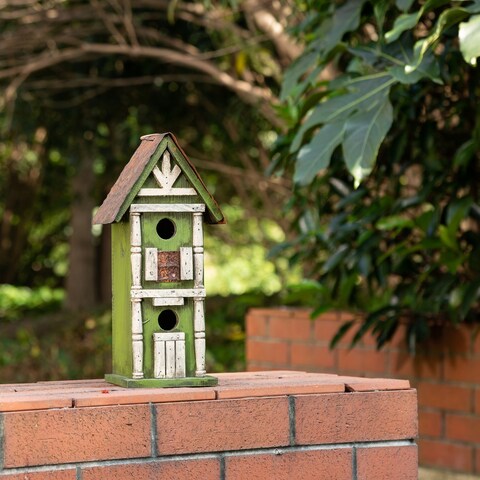 Glitzhome 12.75"H Two-Tier Distressed Solid Wood Hand Painted Birdhouse