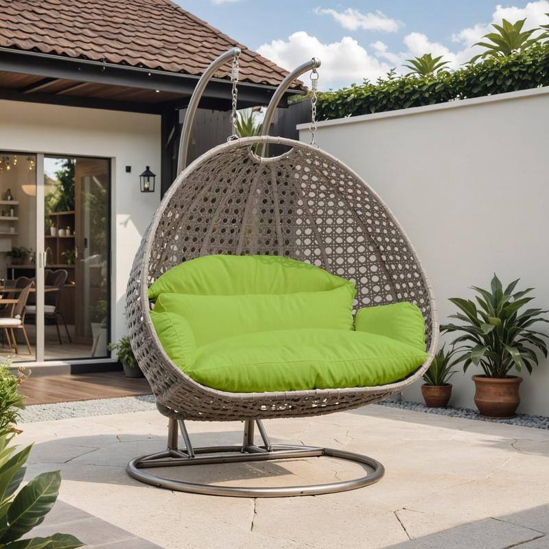 LeisureMod Modern 2-Person Egg Hanging Swing Chair with Beige Wicker, Oxford Fabric Cover, Patio Hammock Lounger and Cushions