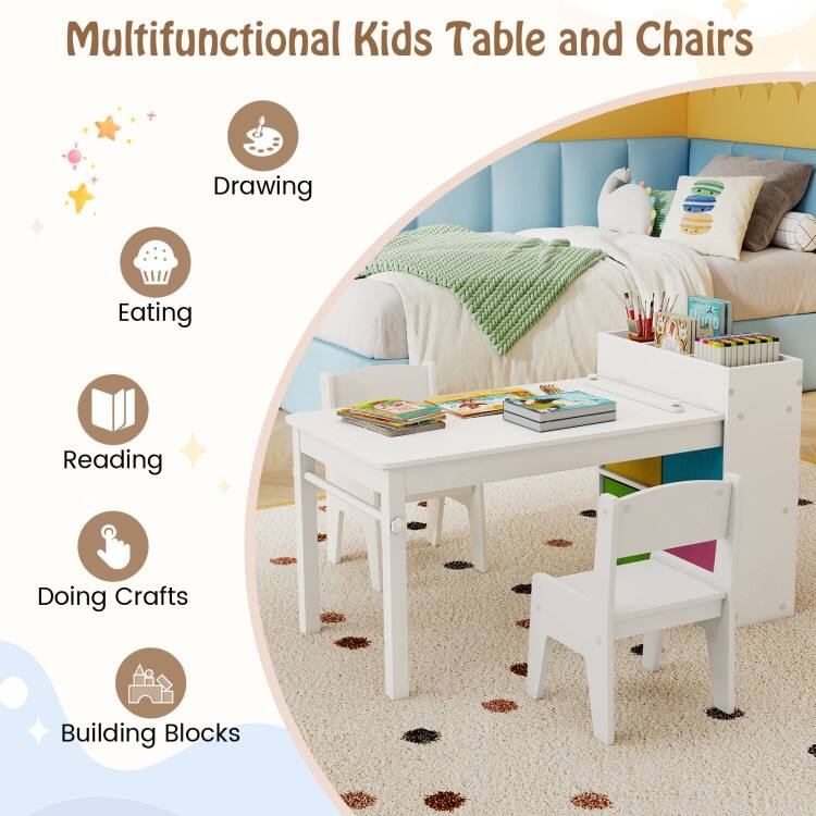 Kids Art Table and 2 Chairs Set with 4 Fabric Storage Bins and 4 Compartments - 39.5" x 20" x 23" (L x W x H)