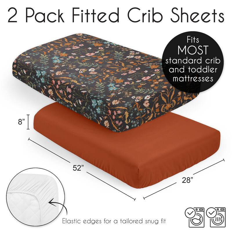 Sweet Jojo Designs Boho Wildflower Vintage Floral Girl 2 Pack Fitted Crib Sheets Solid Rust Orange and Black Bohemian Farmhouse